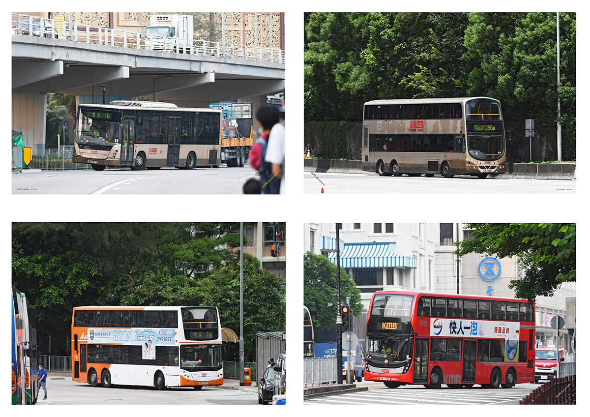 Four photographs of busses, presented in a grid
