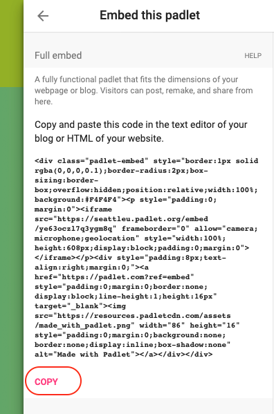 Screenshot of how to copy the embed code in Padlet