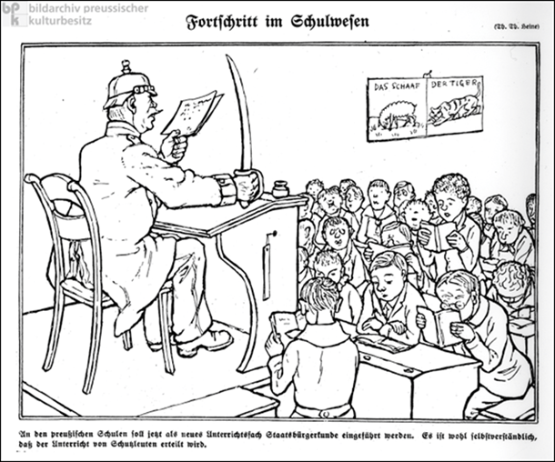 Political Cartoon from the first half of the 20th-century depicting a German classroom