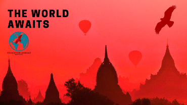 Red zoom background with shadows of temples and hot air balloons