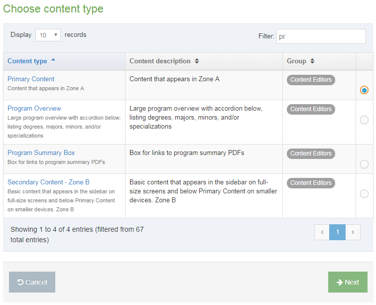 Screen shot of how to add primary content