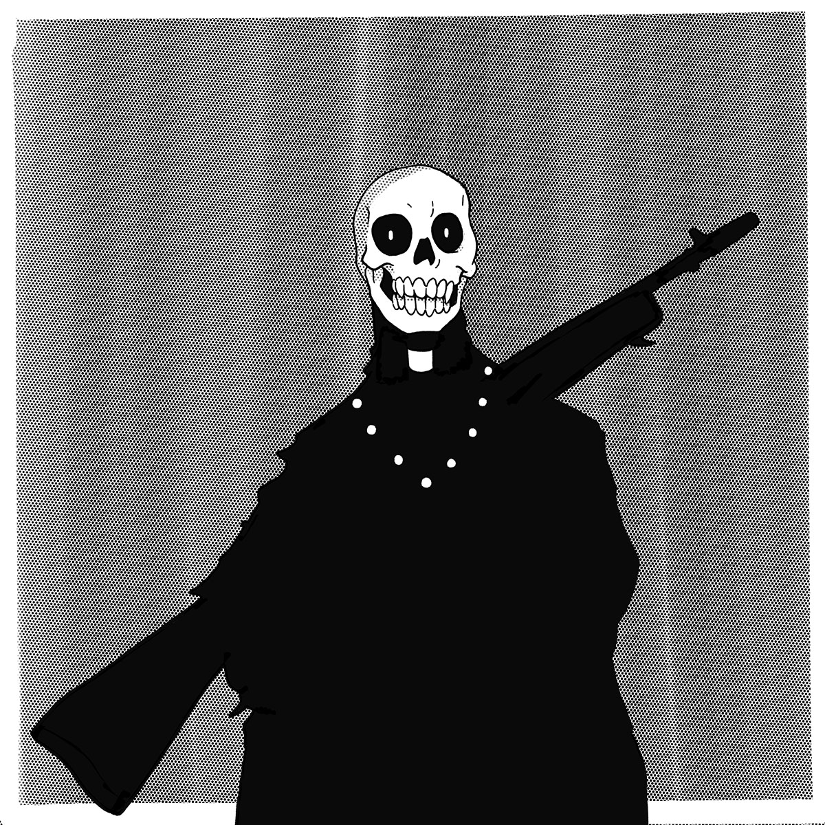 Graphic black and white image of skeleton figure with large gun