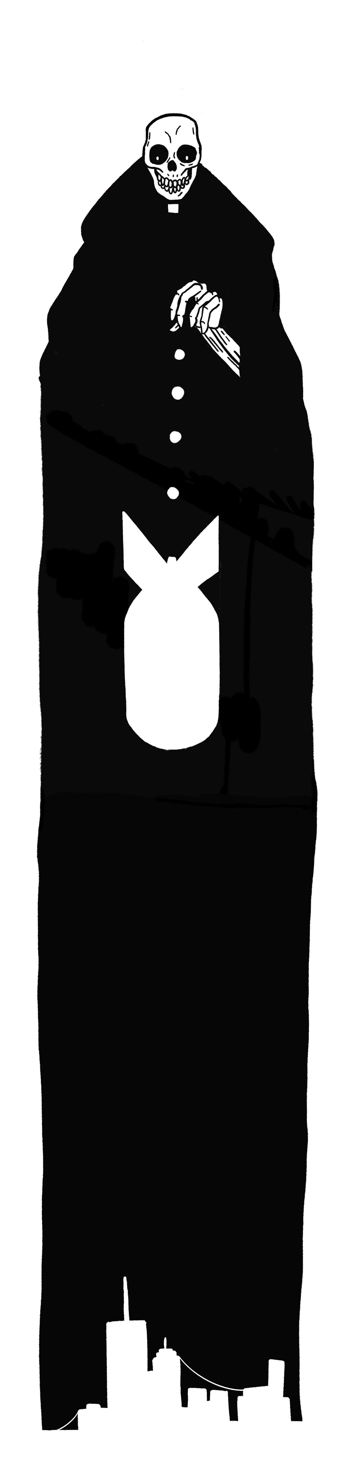 Graphic black and white skeleton figure with buildings