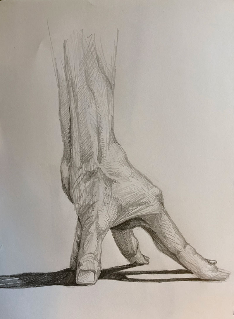 graphite drawing of a hand with tension in the fingers pushing off a surface