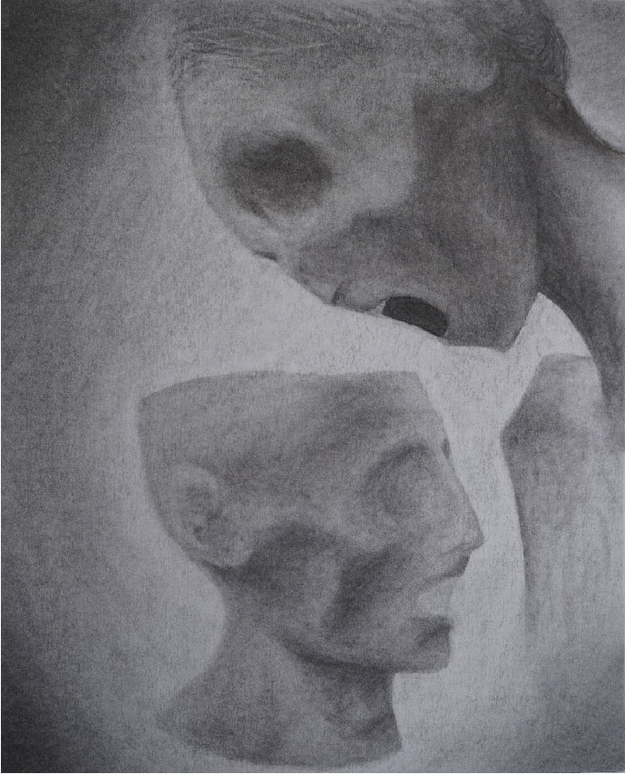 graphite drawing of two sketal face forms