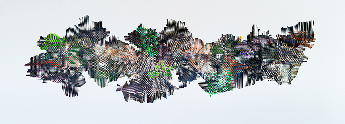 Image of artwork by Markel Uriu, scans of invasive species of plants and animals printed on paper and woven together 