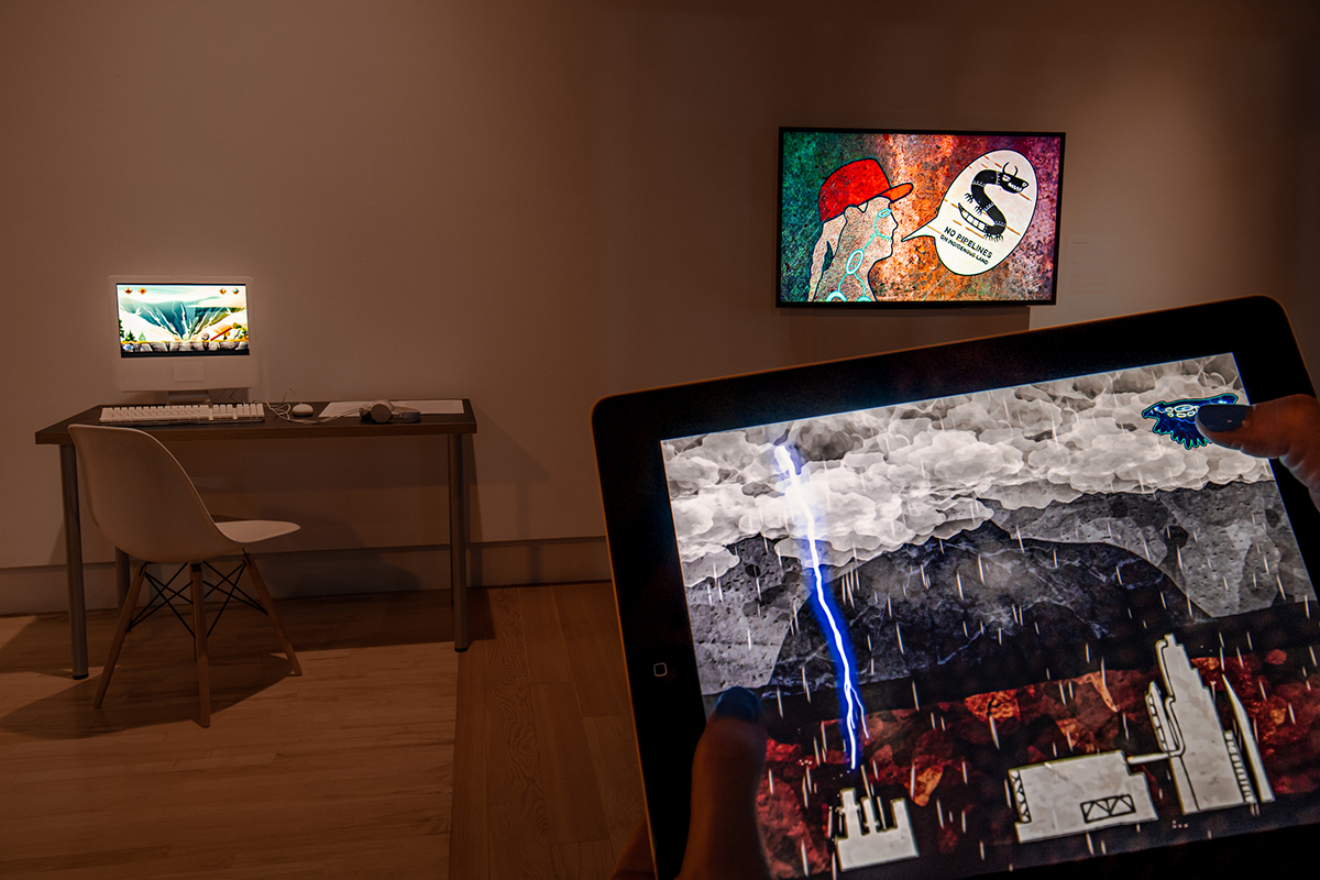 Artworks by Elizabeth LaPensée installed on computer, iPad, and tv at Hedreen Gallery