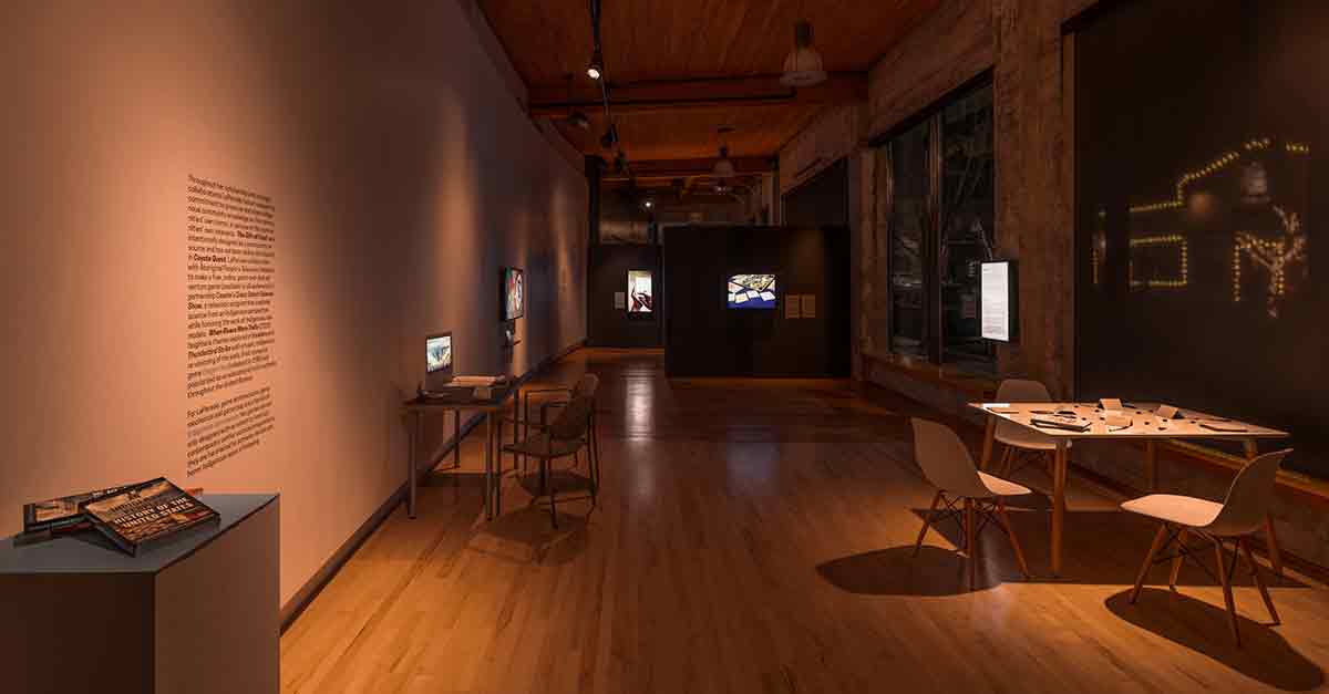 Artworks by Elizabeth LaPensée and collaborators installed on computer, iPad, and tv monitor at Hedreen Gallery 