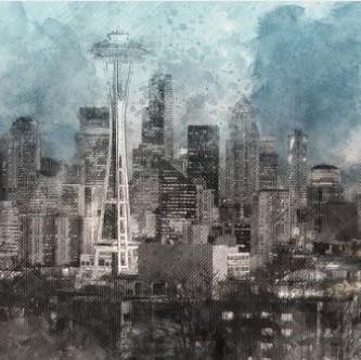 Water Color Painting of Seattle Skyline in a fog