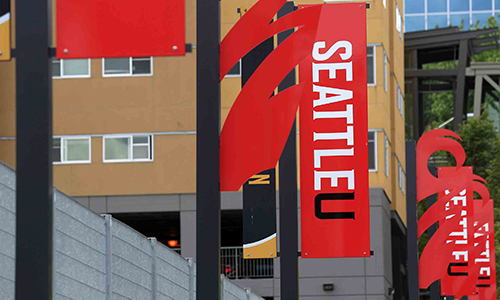 Seattle University banner on a lamppost