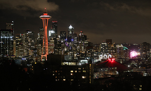 Space needle and the buildings of Seattle at night