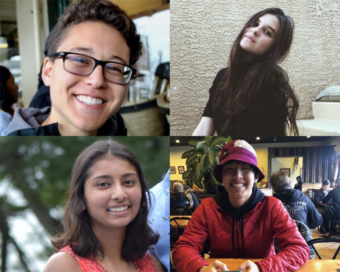 A photo collage of four students smiling