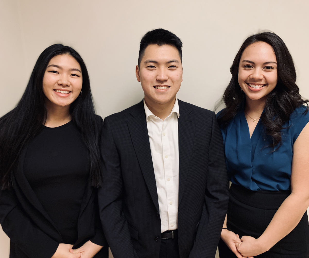 2019 SJIM-Albers  Business Plan Competition winners Keisha Lugito, Kyle Yoo, and Anne Transier