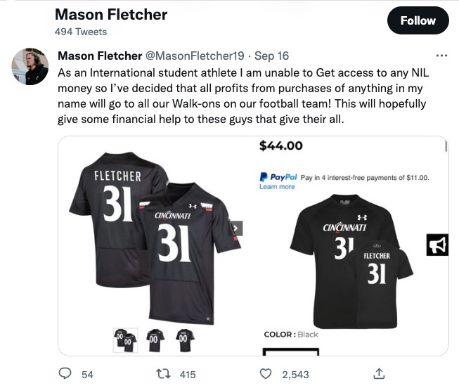 Mason Fletcher tweet about NIL