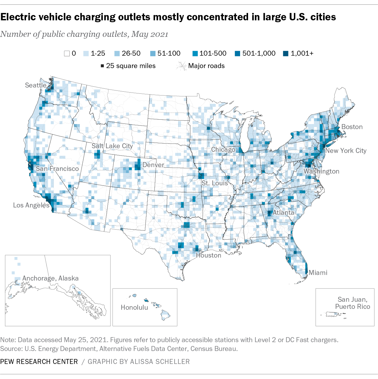 EV charging outlets are mostly concentrated in large US cities. This is a map showing the number of public charging outlets across the US as of May 2021.