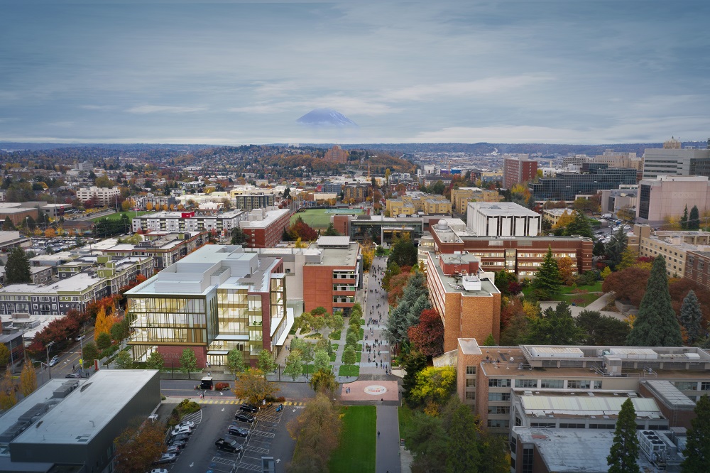 Arial shot of the future Center for Science and Innovation at Seattle University.