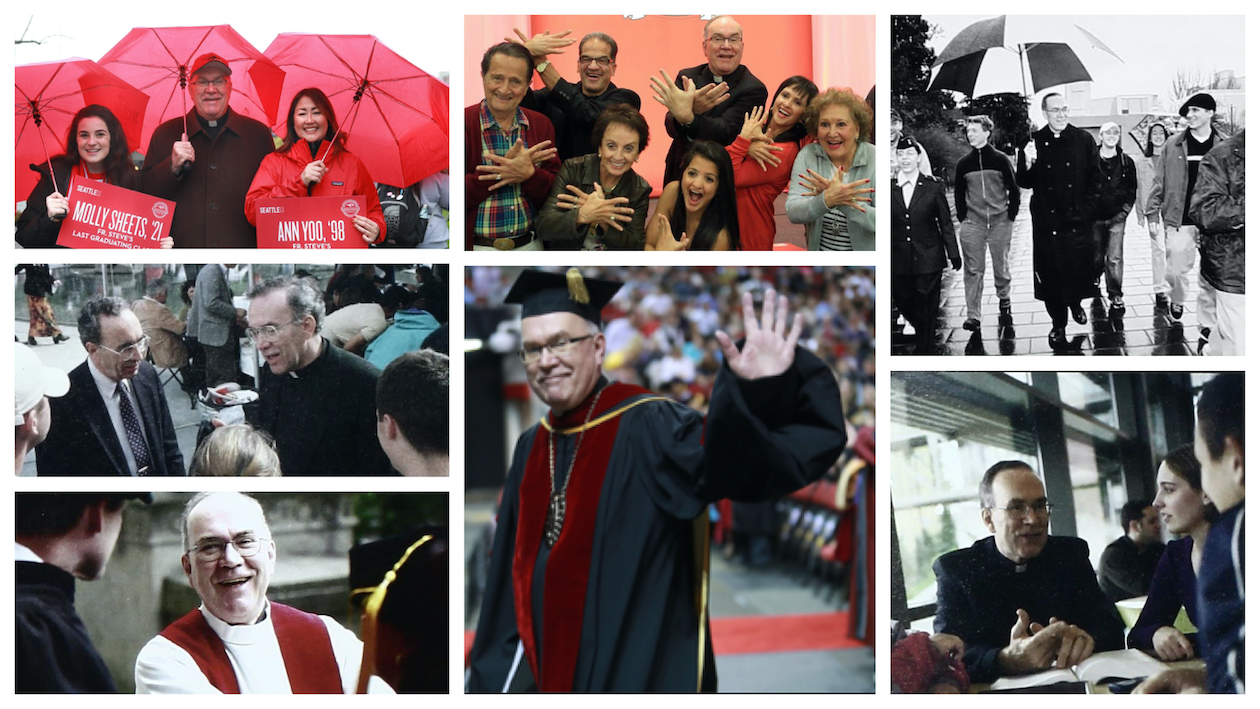 A collage of photos of Father Steve with students and during events, smiling and engaging with the community