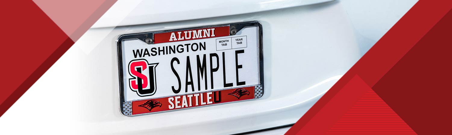 Sample Seattle U License plate on a white car