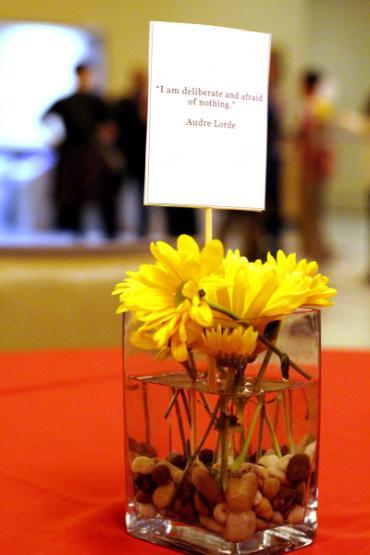 Card Audre Lorde quote set in a jar of yellow floweres. I am deliberate and afraid of nothing