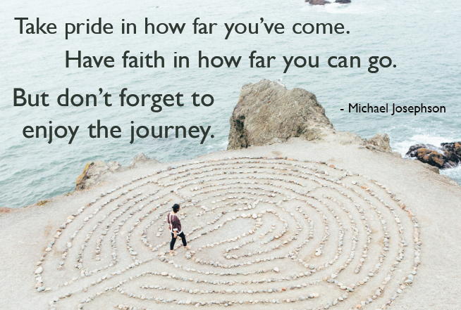 Take pride in how far you've come. Have faith in how far you can go. But don't forget to enjoy the journey. -Michael Josephson. Person walking labyrinth made of sand and small stones on rocky coast. 