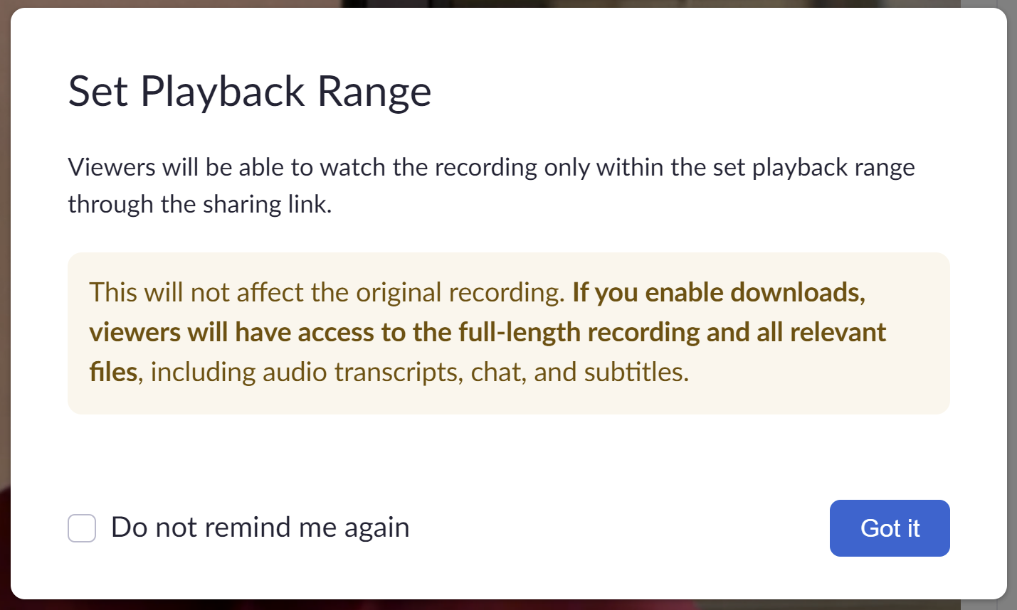 Screenshot of pop up warning about trimmed recording only being available with playback link