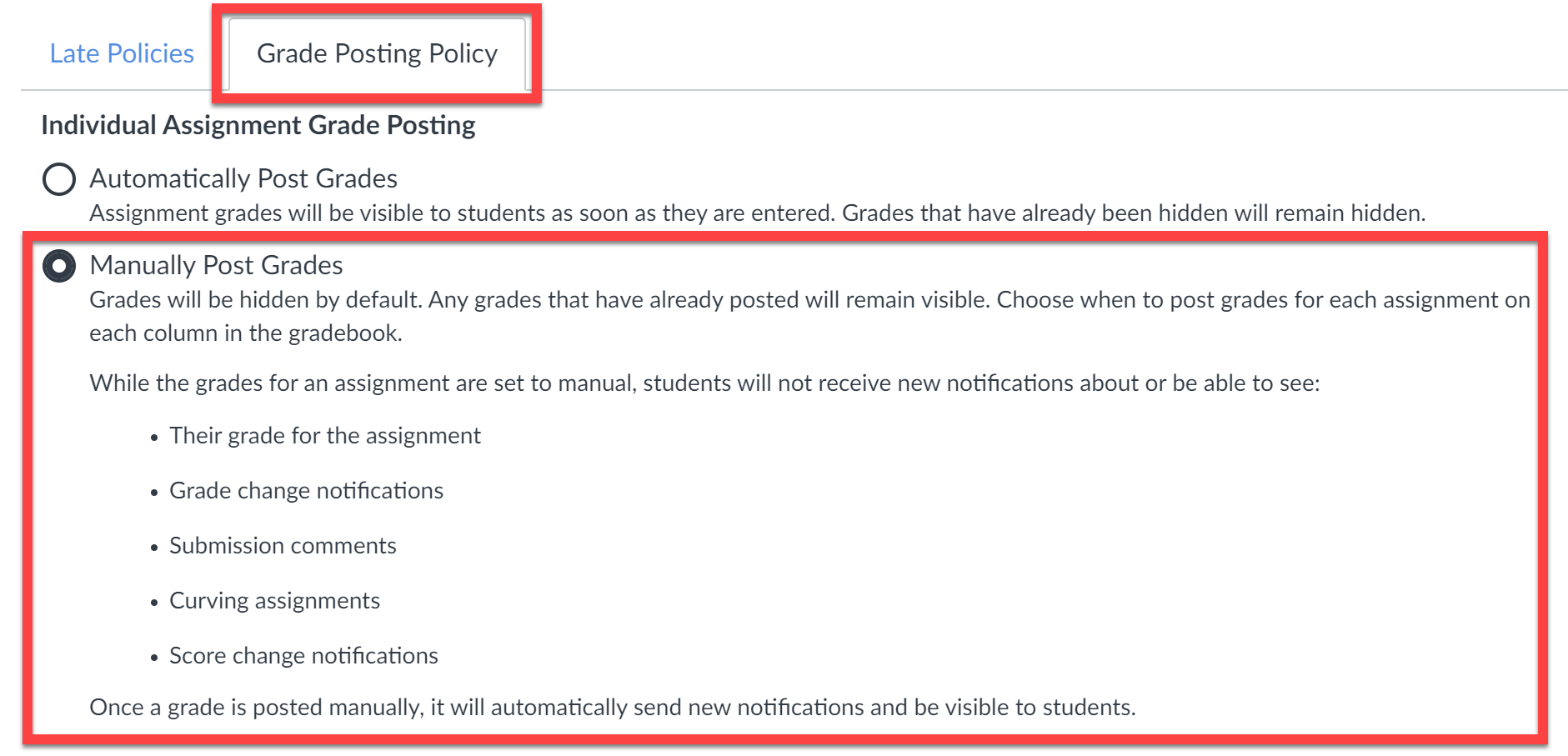 Screenshot showing manual grade posting policy