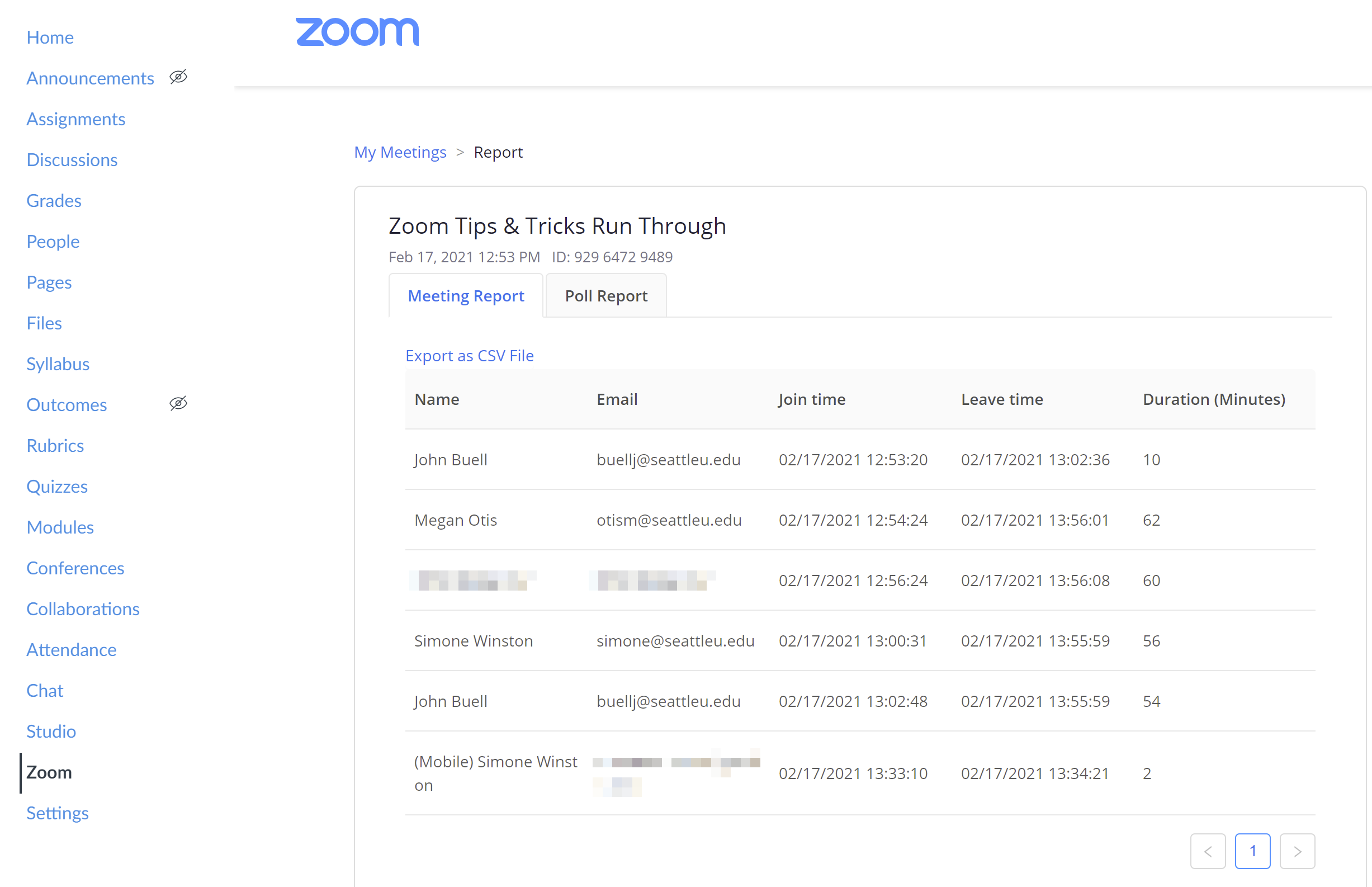 Screenshot of a Zoom usage report in Canvas