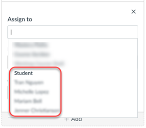 Screenshot of how to select specific students in the assign to field in a Canvas assignment