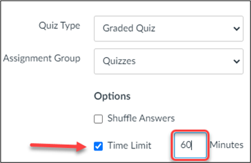 Screenshot of how to set a time limit on a Canvas quiz