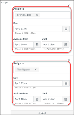 Screenshot of how to set different due date, available from, and until dates for specific students on a Canvas assignment