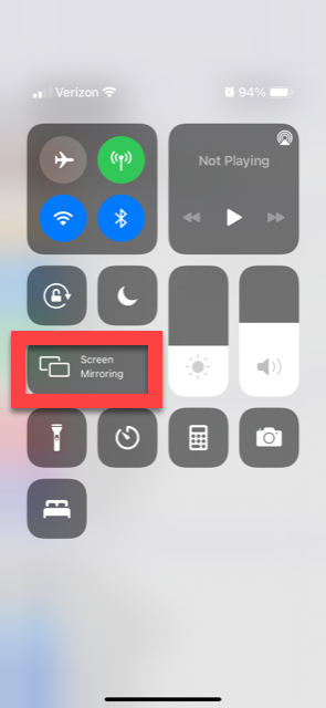 Screenshot of how to find Screen Mirroring on your iPhone or iPad to share to Zoom