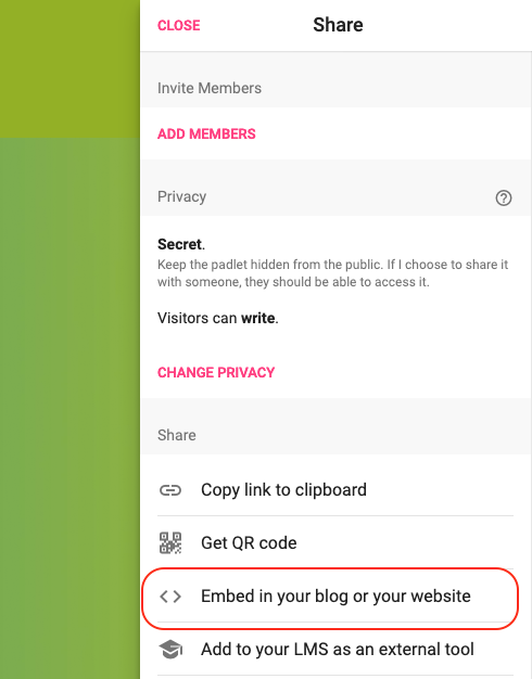 Screenshot of how to find Padlet embed code under Share