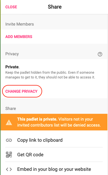 Screenshot of Padlet's default privacy settings highlighting 