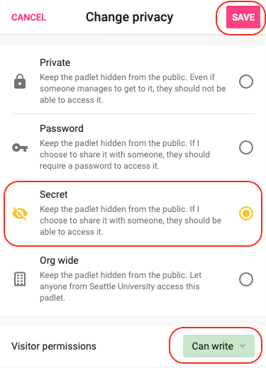 Screenshot of how to set Padlet's Privacy Settings to 