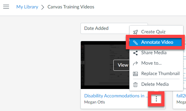 Screenshot of how to add annotation to Canvas Studio media by clicking the more (3 dots) button