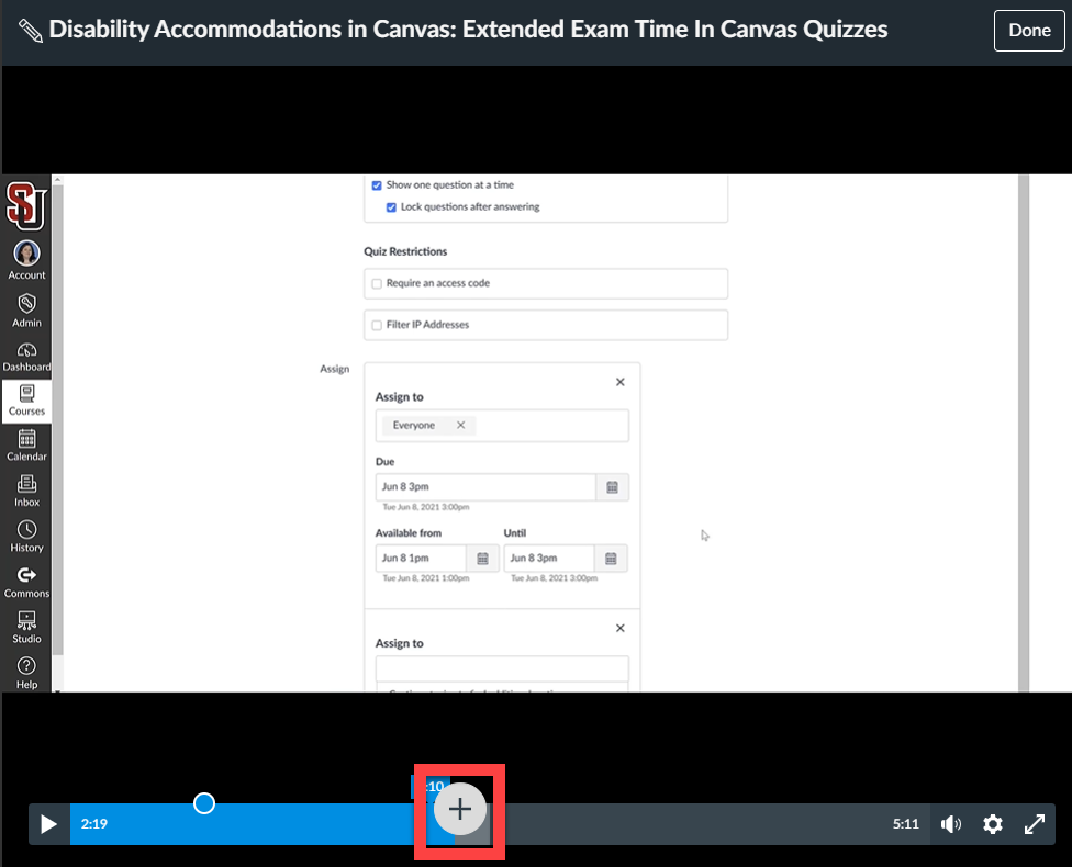 Screenshot of how to add annotations to Canvas Studio by clicking the plus button in the playhead on the video timeline