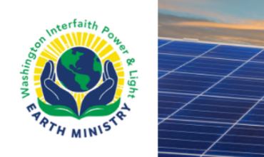 The Earth Ministry/Washington Interfaith Power & Light logos next to a photo of solar panels