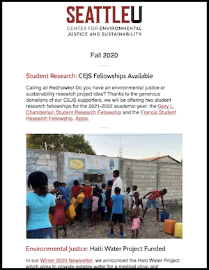 Screenshot of first page of newsletter. Image shows a group of Haitians gathering water at a new clinic constructed by PWOB.