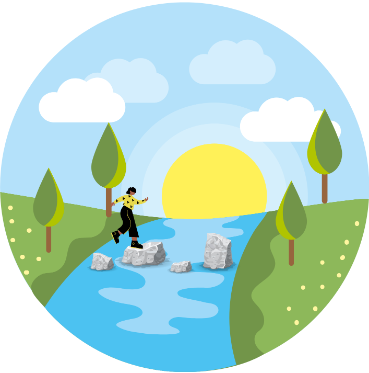 cartoon character crossing a river on stepping stones