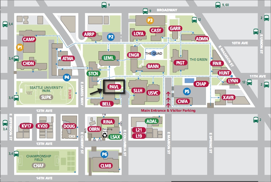 Map of Seattle U's campus highlighting CDLI's location in the Pavilion (PAVL) building