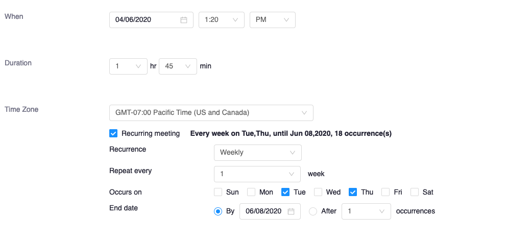 Screenshot of Recurring meeting options in Zoom “Schedule a Meeting” window.
