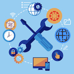 Icon of a screw driver and wrench surrounded by web and technology symbols.