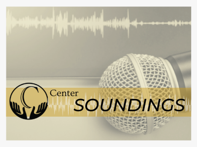 Center Sounding text with logo over image of microphone and sound waves in the background