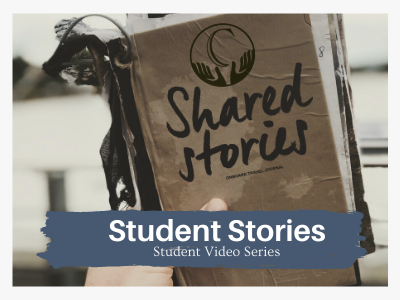 Students Stories Video Series text over hand holding book with logo titled 