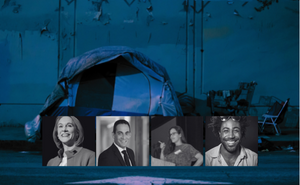 Images of event speakers over photo of tent