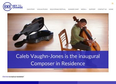 Screen shot of Key to Change website with photo of cellist Caleb Vaughn-Jones