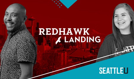 image with two people and text Redhawk Landing