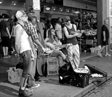 Buskers play music at Pike Place Market
