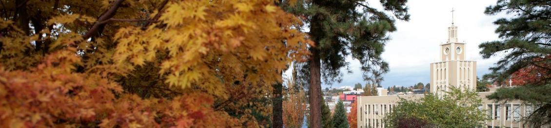 Photo of Seattle U campus with fall leaves in front of the Administration Building