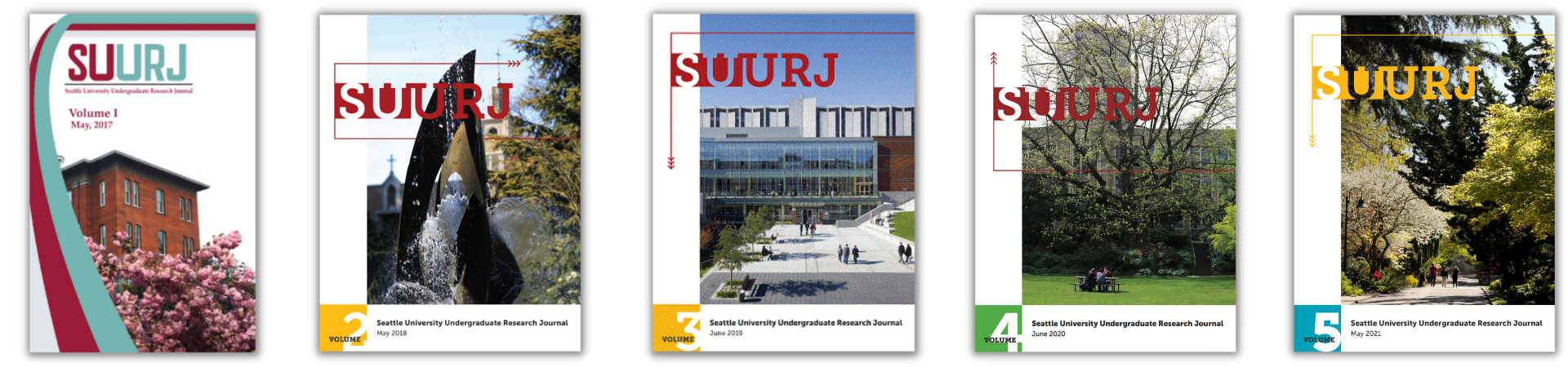 Image with five covers of Seattle University Undergraduate Research Journal
